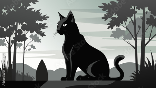 A sleek black cat silhouette sitting calmly in a serene forest setting with trees and a minimalist nature background