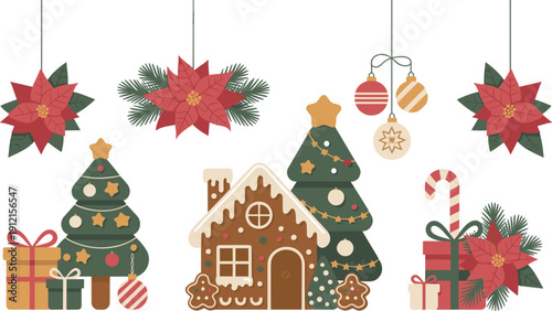 Festive Christmas holiday vector set featuring gingerbread house, decorated pine trees, poinsettia flowers, gift boxes, candy canes, and hanging ornaments isolated on white background.
