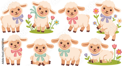 Set of cute baby lamb characters with colorful bows and spring flowers, adorable sheep vector illustrations for nursery decor, stickers and invitations.