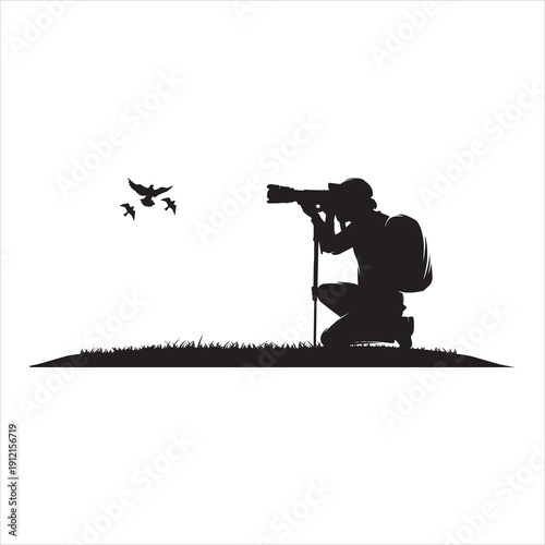 Capturing Nature's Whisper: A silhouette of a photographer, deeply engrossed in their craft, patiently frames a shot of soaring birds amidst the serene backdrop of nature.