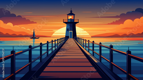 A serene vector illustration of a lighthouse on a wooden pier during sunset with sailboats on calm water