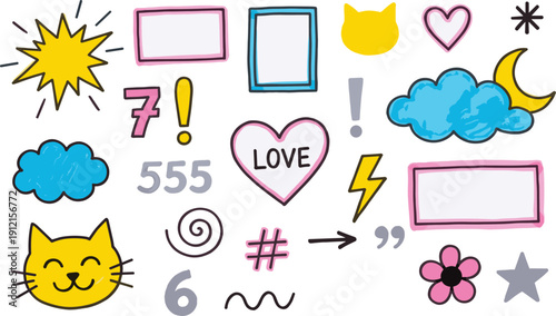 Colorful doodle icon set with hearts, cats, clouds, moon and playful symbols - flat vector illustration