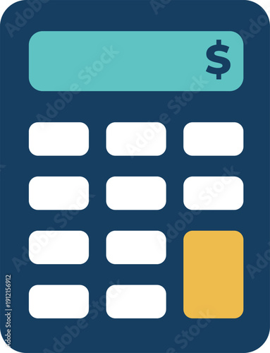 A blue calculator with dollar sign on screen and white buttons for financial calculations and accounting business concept vector illustration