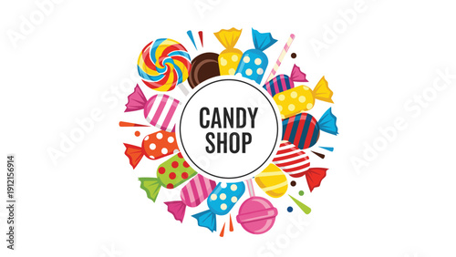 Vibrant candy shop logo surrounded by a circular arrangement of colorful lollipops, candies, and sweets.