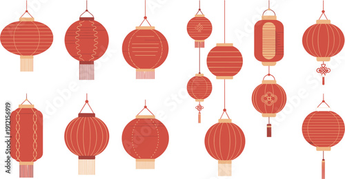 Collection of traditional red Chinese lanterns in various shapes with gold accents and tassels isolated on white background for Lunar New Year and cultural festival design