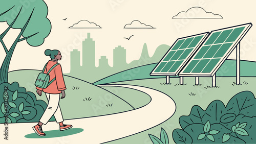 A person walks towards a sustainable future with solar panels in a beautiful green landscape