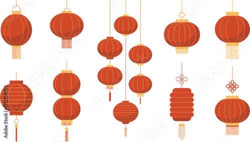 Set of rounded traditional red Chinese lanterns with gold details and tassels isolated on white background for Lunar New Year and Asian cultural festival decorations