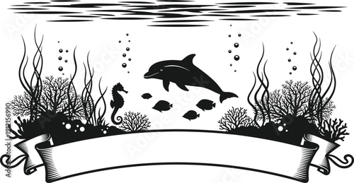 Vector silhouette illustration of underwater marine life featuring dolphin and seahorse with coral reef and blank ribbon banner.