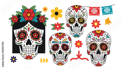 Traditional Mexican day of the dead celebration elements including decorated sugar skulls and colorful flowers.