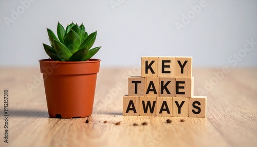 Small potted succulent beside wooden blocks with text “key take aways,” symbolizing summary and highlights.