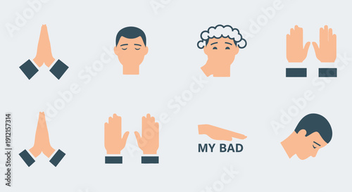 Diverse icon set representing gestures and facial expressions on white background