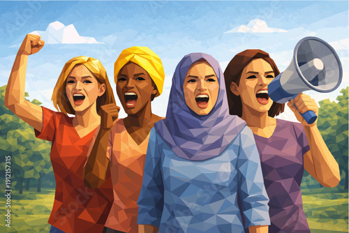 Diverse group of women protesting together with raised fists and a megaphone