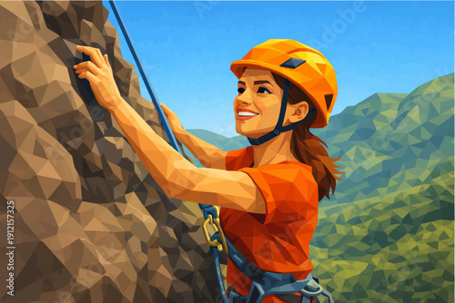Woman rock climbing outdoors with safety gear and a smile on her face