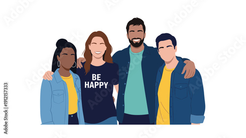 Group of diverse happy friends standing together and smiling to represent the spirit of friendship and happiness.