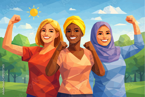 Diverse women showing strength and unity outdoors under a bright sun