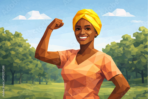 Smiling woman in yellow headwrap flexing arm outdoors with trees and sky in background