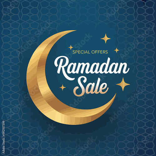 Ramadan sale special offers gold crescent moon and stars on blue background