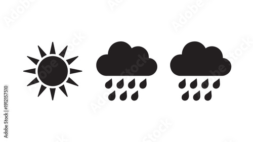 Vector Weather Icons Of Sun And Rainy Clouds For Meteorology And Forecast