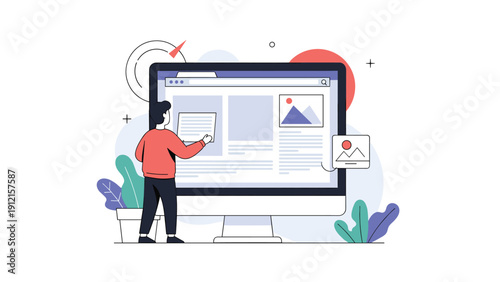 Professional web designer working on the layout and content of a website interface on a large computer monitor.