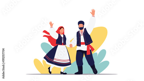 Man and woman dancing together in traditional European folk costumes with their hands raised high in joy.