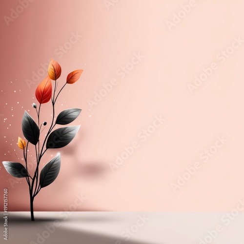 Bright plant growing against a pink wall with shadows in a simple indoor setting during the daytime