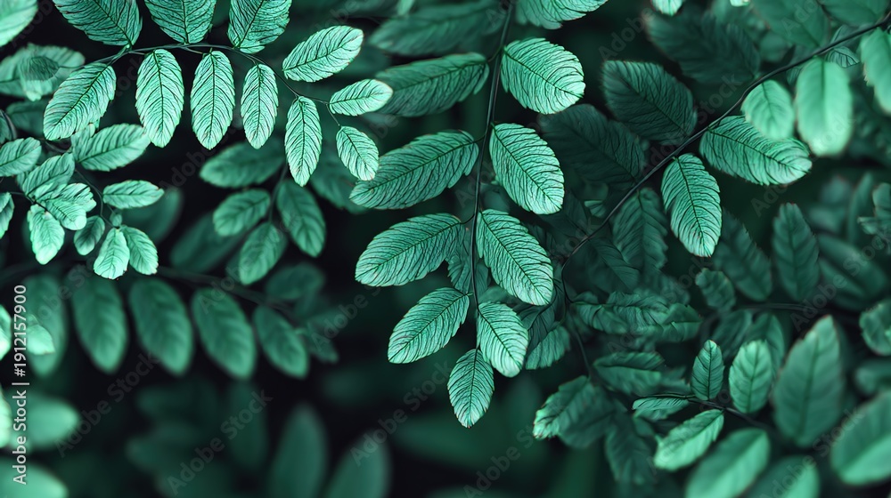 Obraz premium Emerald Leaf Canopy: A close-up view of vibrant emerald leaves, creating a stunning display of nature's intricate design, evokes a sense of freshness and vitality.
