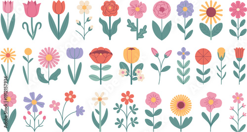 Large collection of colorful flat vector flower icons including tulips daisies and sunflowers on green stems isolated on white background for spring garden and floral design