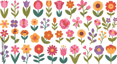 set of colorful spring flower icons with green stems and leaves including tulips sunflowers and roses isolated on white background for garden pattern and floral desig