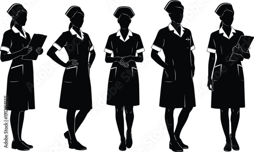 Nurse silhouette vector illustration, traditional uniforms with caps, healthcare professionals holding clipboards, standing poses, medical staff diversity - flat vector illustration