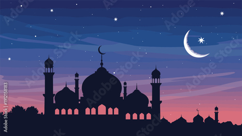 Beautiful silhouette of a mosque against a starry night sky with a white crescent moon and a purple sunset.