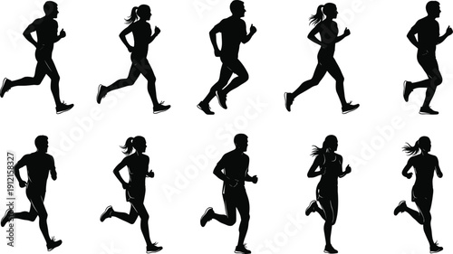 Running silhouette vector illustration, male and female athletes in varied postures, fitness exercise stances, sports training artwork - flat vector illustration