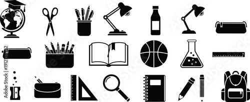 School supplies icons, globe with graduation cap, scissors, pencils, backpack, book, basketball, flask, ruler, magnifying glass - flat vector illustration