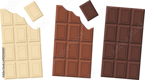 Set of white milk and dark chocolate bars with bite marks and broken pieces isolated on white background flat vector illustration for food design