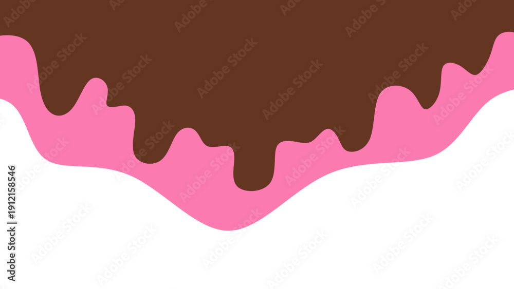 Fototapeta premium Sweet melting chocolate and pink strawberry icing glaze background. Melted syrup or dripping liquid sauce. Minimalist sweet chocolate and strawberry pink background. Minimalist wavy background.