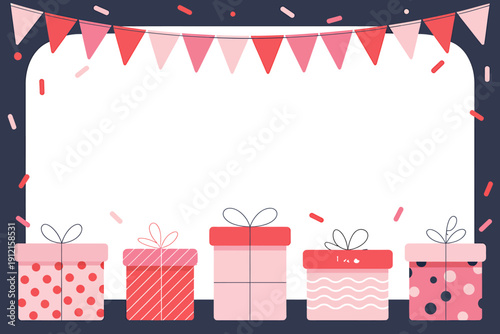 Colorful festive gifts and bunting on dark blue background for celebration or party