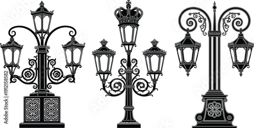 Vintage street lamp silhouettes, ornate lanterns, decorative scrollwork, crown top design, floral motifs, classical urban lighting, black white artwork - flat vector illustration