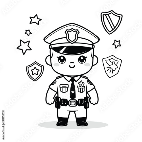 Cute Cartoon Police Officer Standing with Badges and Stars.