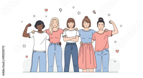 Empowered women group standing united with confidence strength and equality celebrating international womens day diversity concept flat vector illustration