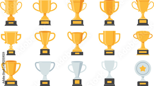 Large collection of gold and silver trophy cup vectors, achievement award icons set for sports winners and business success isolated on white background.