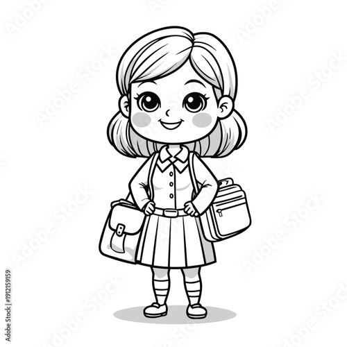 Cute cartoon schoolgirl in uniform with two bags ready for school black and white outline.
