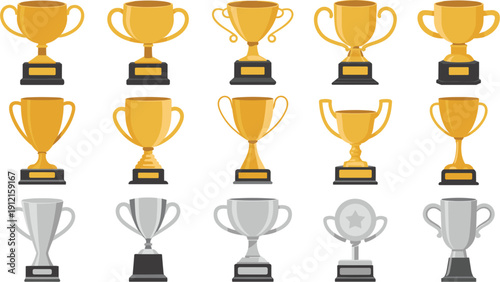 Set of gold and silver trophy cups with various shapes and designs, achievement award icons for competition winners and sports tournaments isolated on white background.
