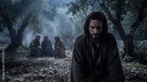 Jesus praying in Gethsemane garden before crucifixion. Passion Week, Maundy Thursday, religious, biblical concept.