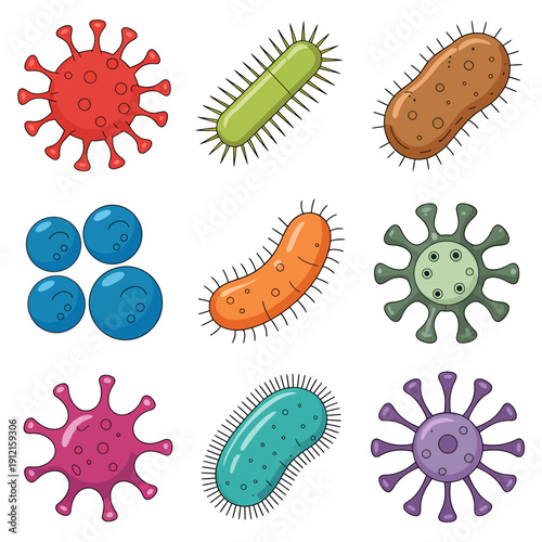 Colorful cartoon illustrations of various bacteria and viruses on white background