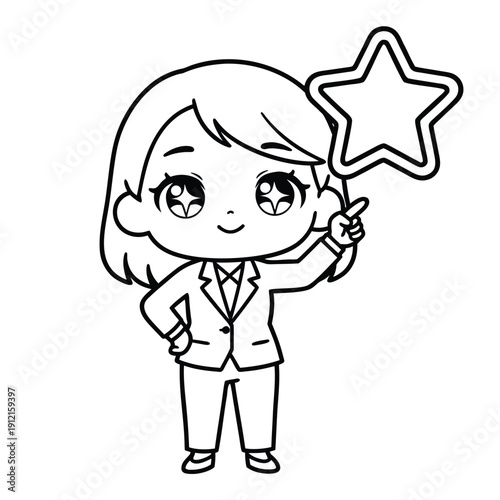 Cute chibi businesswoman holding a star in a coloring book style.