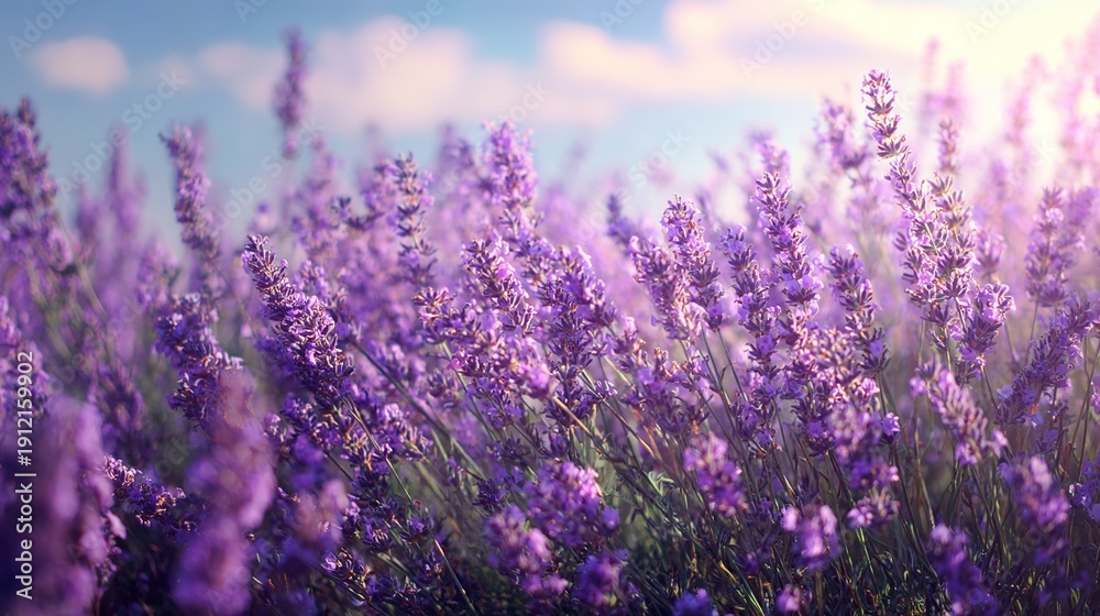 Obraz premium Lavender Field in Bloom: An ethereal close-up unveils a serene panorama of blooming lavender, their vibrant purple hues dancing gently against a backdrop of a clear sky.