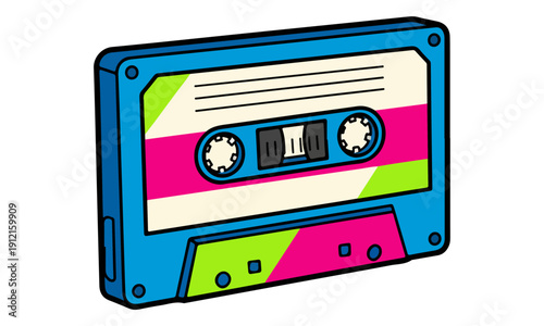 Bright Blue Cassette Tape Vector Illustration 80s Neon Style