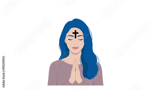 Ash Wednesday Woman Praying with Ash Cross on Forehead