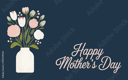 Happy Mothers Day flowers bouquet in white vase on dark blue background