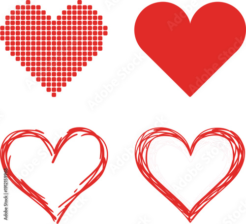Set of red heart icons in different styles including flat solid shape digital pixel dot pattern and hand drawn 
