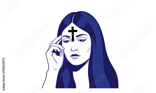 Contemplative Woman Portrait with Ash Cross Symbol on Forehead